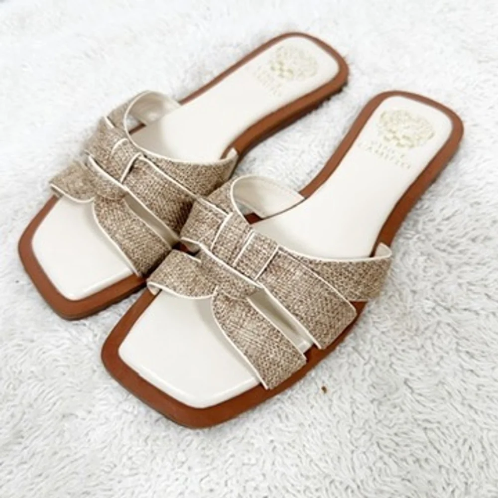 Vince Camuto Slip on Sandals Tan Woven Flats Byrdy Beachy Resort Cruise Size 7M - Picture 3 of 8